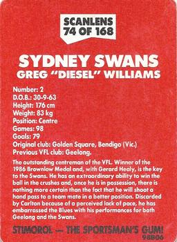 1989 Scanlens VFL #74 Greg Williams Back